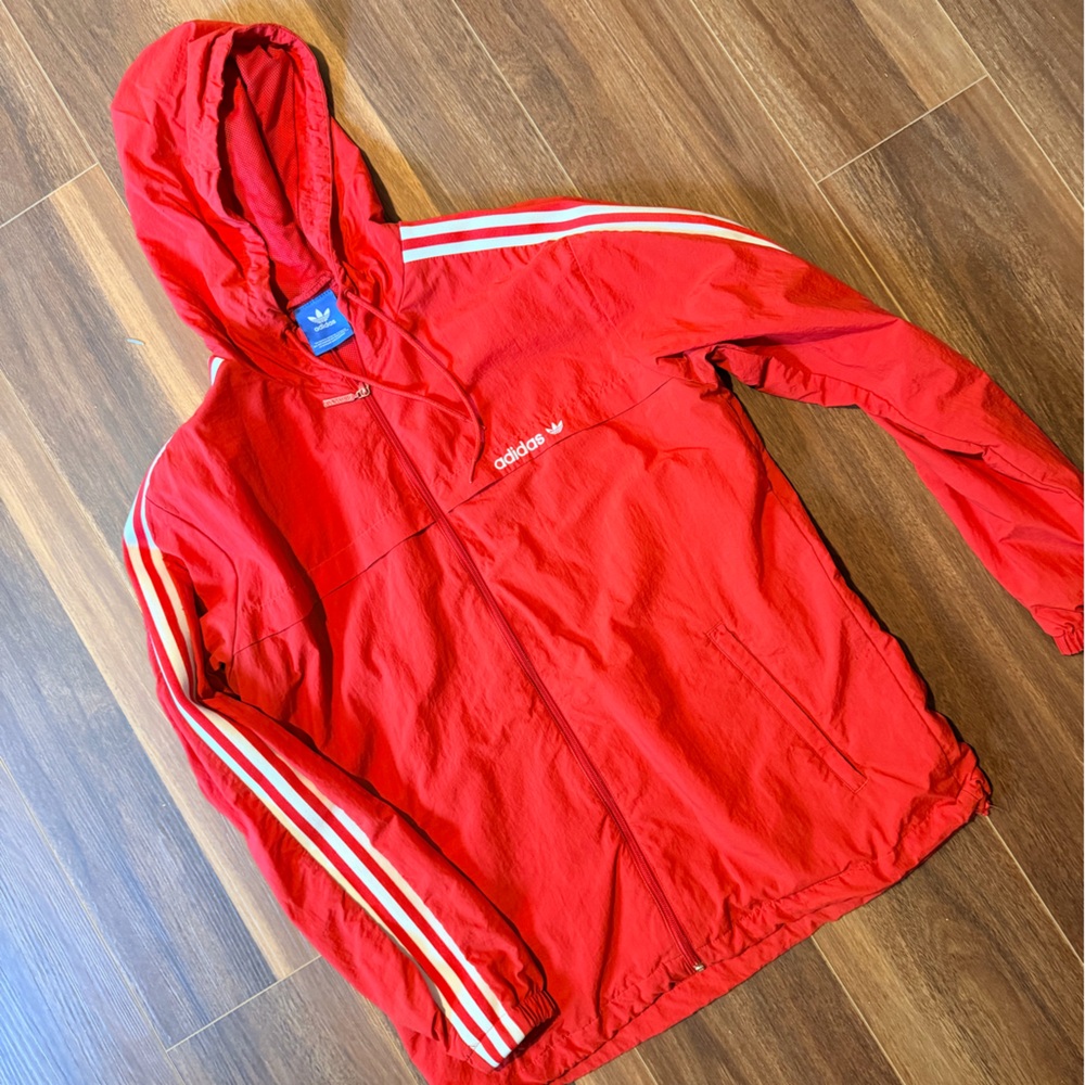 adidas Red Hooded Jacket with White Stripes